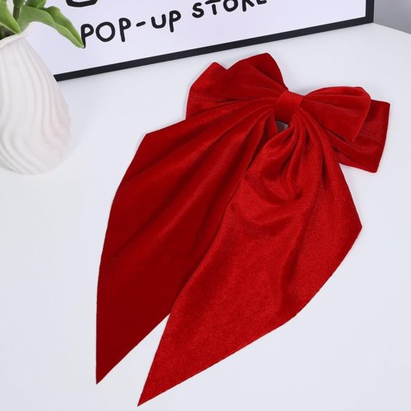 Bright Red Velvet Large Hair Bow Long Tail Bowknot Hair Barrette Clip 8.26 Inch Women Girls Fall Winter Ponytail Holder Hair Accessories