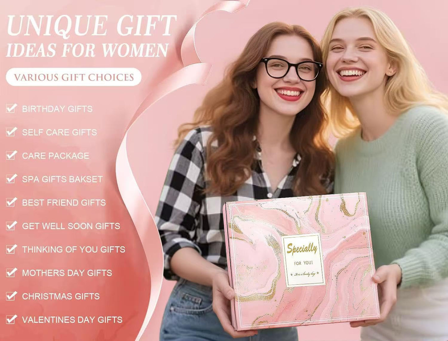 Birthday Self Care Gift Basket for Women Pink Cozy Blanket Tumbler Candle