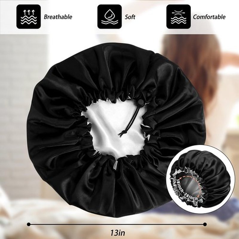 Satin Bonnet Silk Bonnet for Curly Hair Bonnet Braid Bonnet for Sleeping Bonnets for Women Large Double-Layer Adjustable(New Black)
