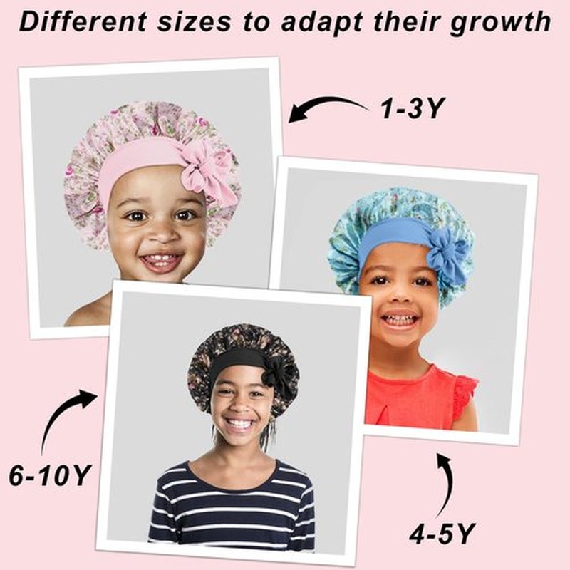 FIRSTPELLA 3 Pcs Baby Hair Bonnet for Sleeping - Kids Silk Satin Bonnets for Girls Curly Hair,Satin Sleep Bonnet for Teens Toddler Child(Pink+Black+Blue)