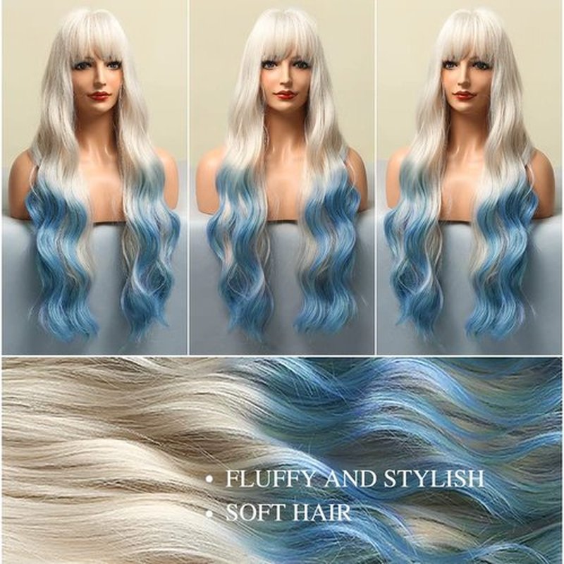 FORCUTEU Ombre Blue Wig with Bangs Long Ombre Blue Wigs for Women Long Wavy Blue Wig Ombre Wavy Heat Resistant Wigs for Daily Party (Ombre Blue 26inch)