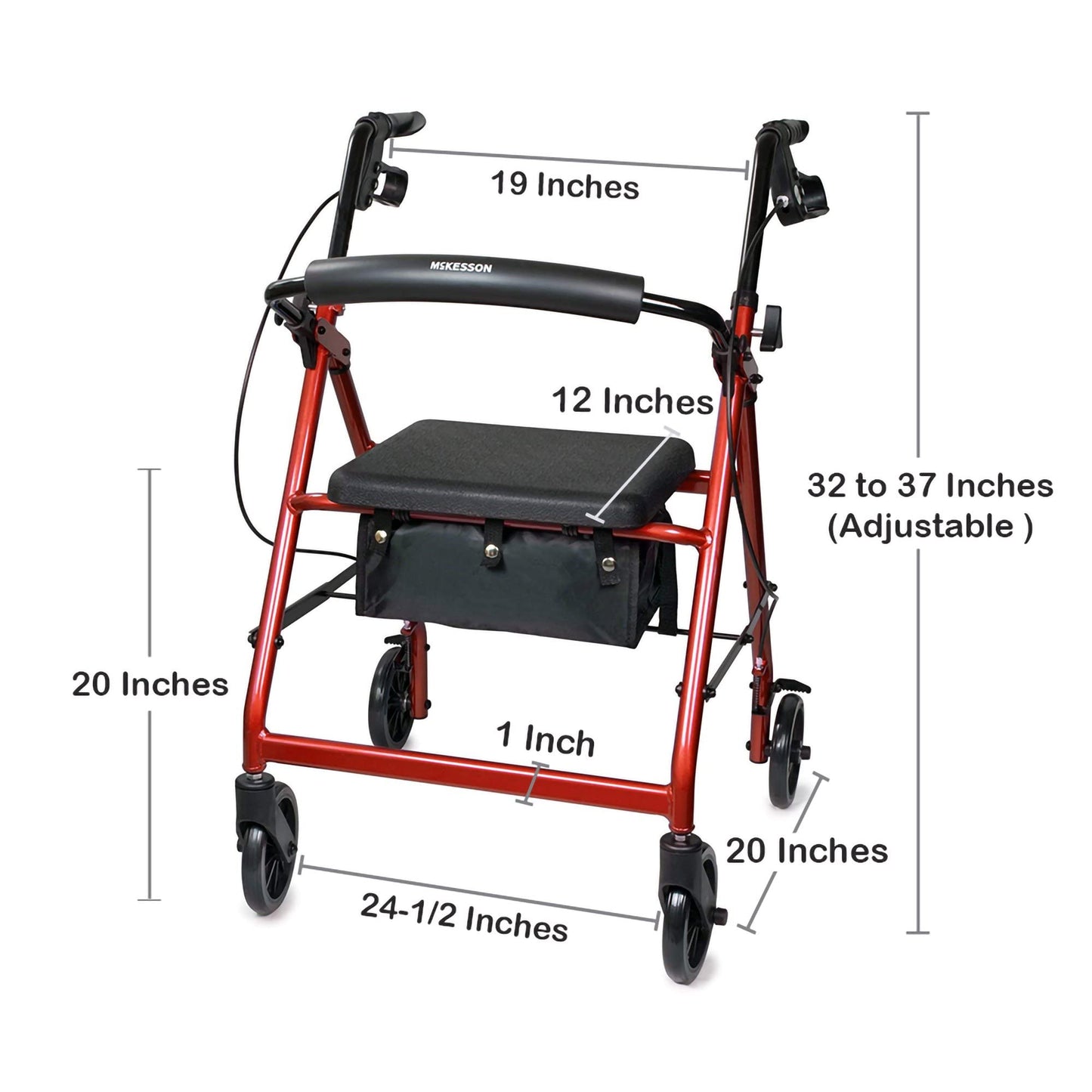 McKesson Rollator Walker with Seat and Wheels, Lightweight, Aluminum, 300 lbs Weight Capacity, Red, 1 Count