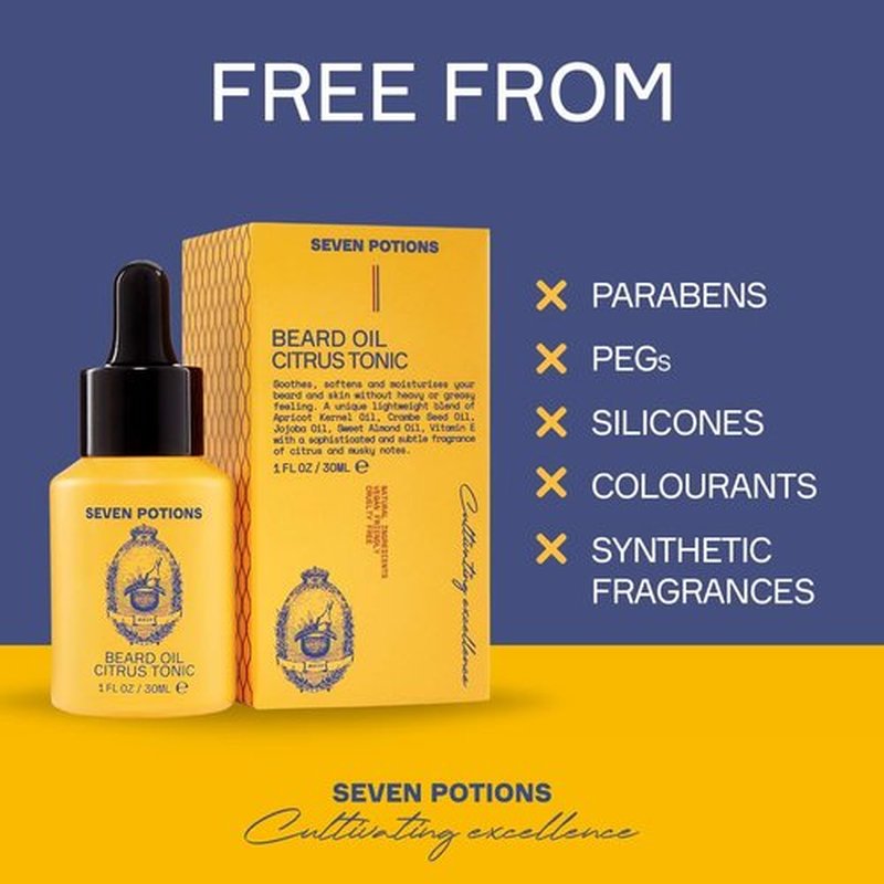 SEVEN POTIONS Beard Oil 1 fl oz Gentle Beard Softener. Stops Beard Itch. 100% Natural, Beard Conditioning Oil With Citrus Scent & Jojoba Oil (Citrus Tonic)