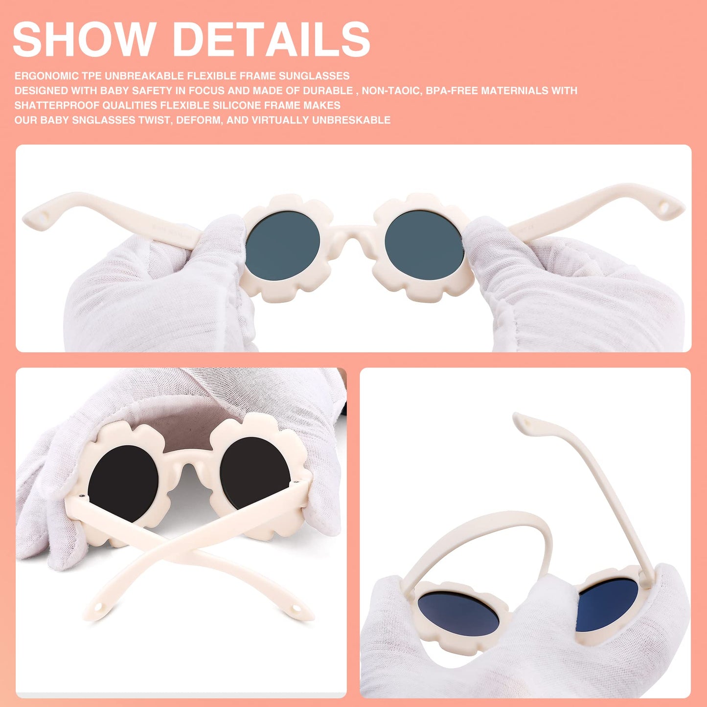LIU·WEN Baby Polarized Flower Sunglasses with Strap - Bendable Flexible Frame for Infant Girls Boys Age 0-24 Months(Matte White/Purple Red Mirror)