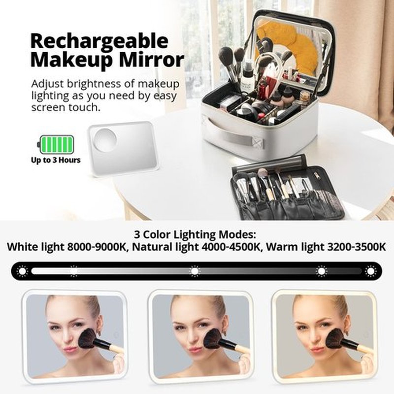 Omobolanle Makeup Bag with Mirror Led Light Detachable Portable Make up Travel Train Case with Adjustable Dividers and 10x Magnifying Mirror Beige