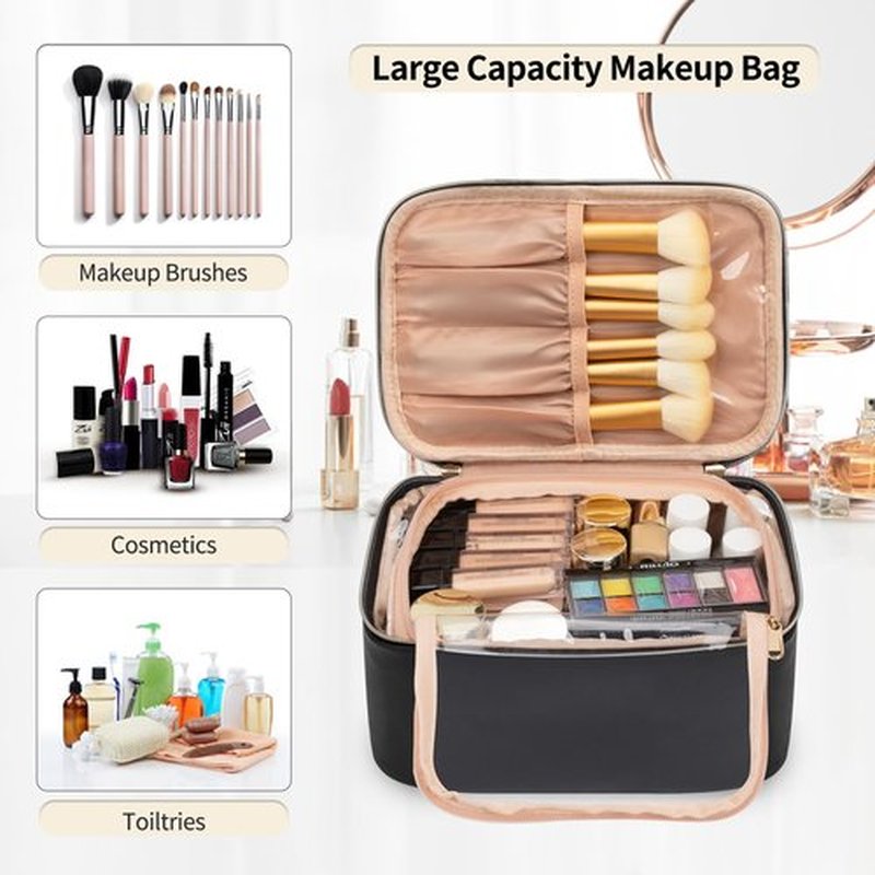 OCHEAL Makeup Bag,Travel Cosmetic Bag for Women,Large Clear Window Make Up Bag Organizer Case for Girls Cosmetics and Brushes Toiletries Accessories -Black
