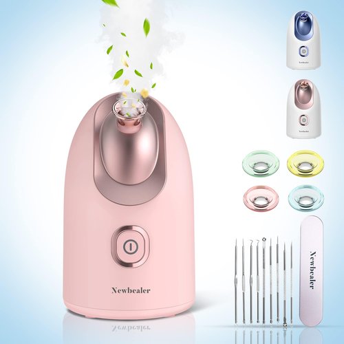 Newbealer Facial Steamer, Mini Aroma Face Steamer, Nano Ionic Hot Mist Facial Humidifier Atomizer, Home Sauna Spa Sprayer Moisturizing Cleansing Pores, 9 Pieces Acne Remover Kit (Pink-Gold, 160ml)