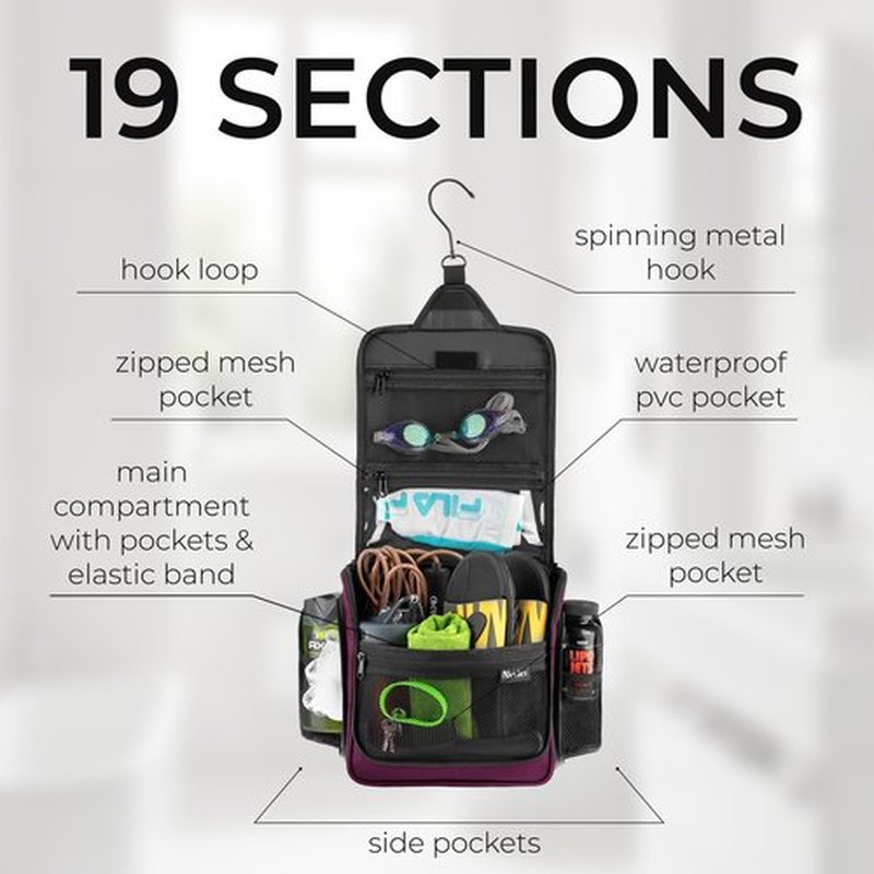 AvaJex Large Hanging Toiletry Organizer - Travel Toiletry Bag for Men and Women - Waterproof Hygiene Bag with Metal XXL Swivel Hook, Sturdy Zippers and 19 Compartments for Toiletries, Makeup (Purple)