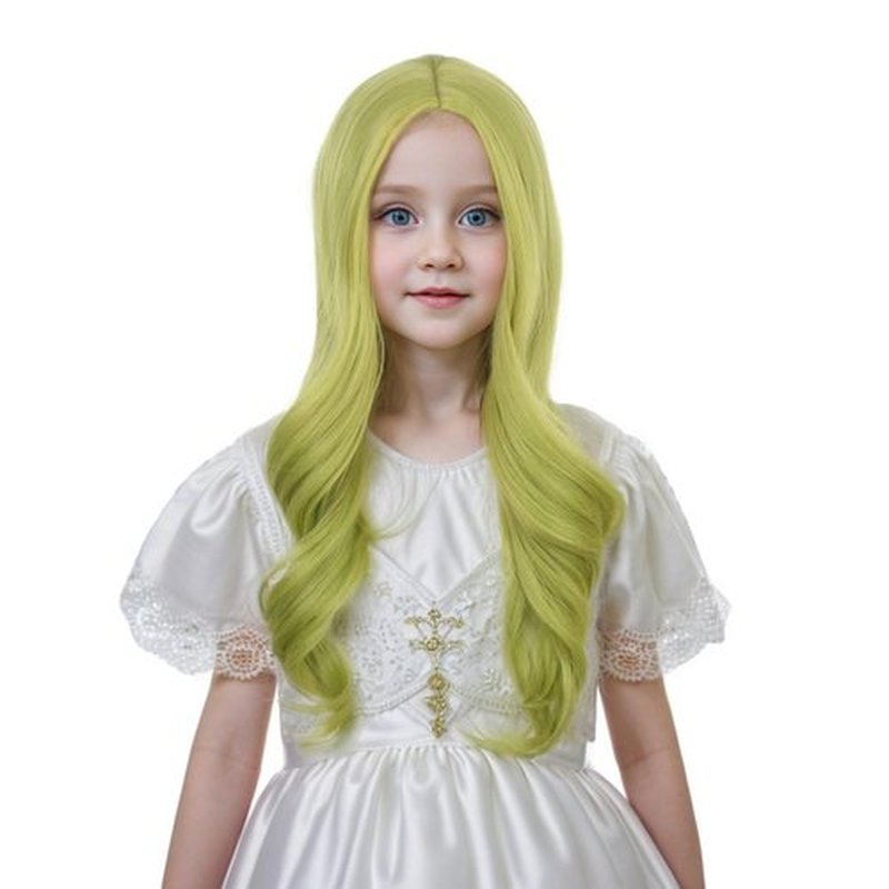 Ufindcos Green Wig for Kids Long Wavy Curly Avocado Green Hair Wigs for Child Green Wig for Girls Middle Part Natural Looking Synthetic Wig with Wig Cap（Avocado Green）