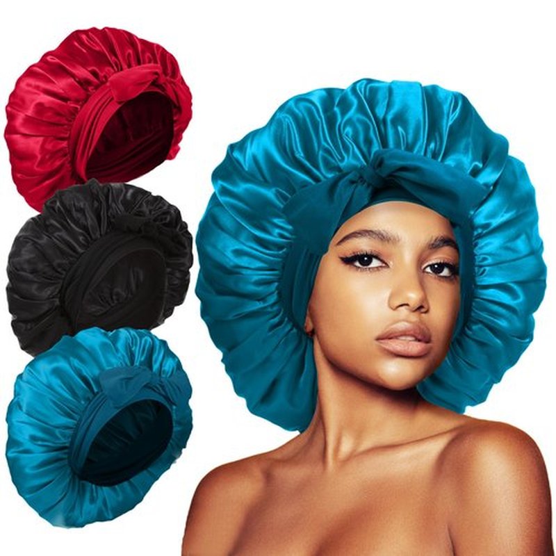 Kafteri 3Pcs Satin Silk Bonnet for Sleeping, Extra Large Hair Bonnets for Sleeping Black Curly Hair Women Big Jumbo Bonnet with Tie Band Braids Shower Cap