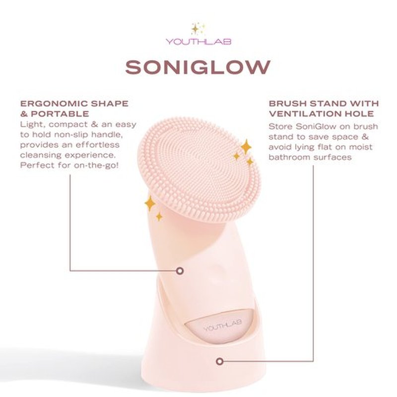YouthLab SoniGlow, Pink, Silicone Facial Skin Cleansing Brush, Electric, Vibrating, Scrubber, Hygienic, Exfoliation, Massage, Firm, Tone, Blackheads, Pores, Waterproof, Rechargeable, Makeup Removal