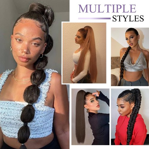 WIGER Kinky Straight Ponytail Extension 30 inch Long Yaki Straight Ponytail Extension Natural Black Hairpiece for Women Wrap Around Ponytail for Black Women