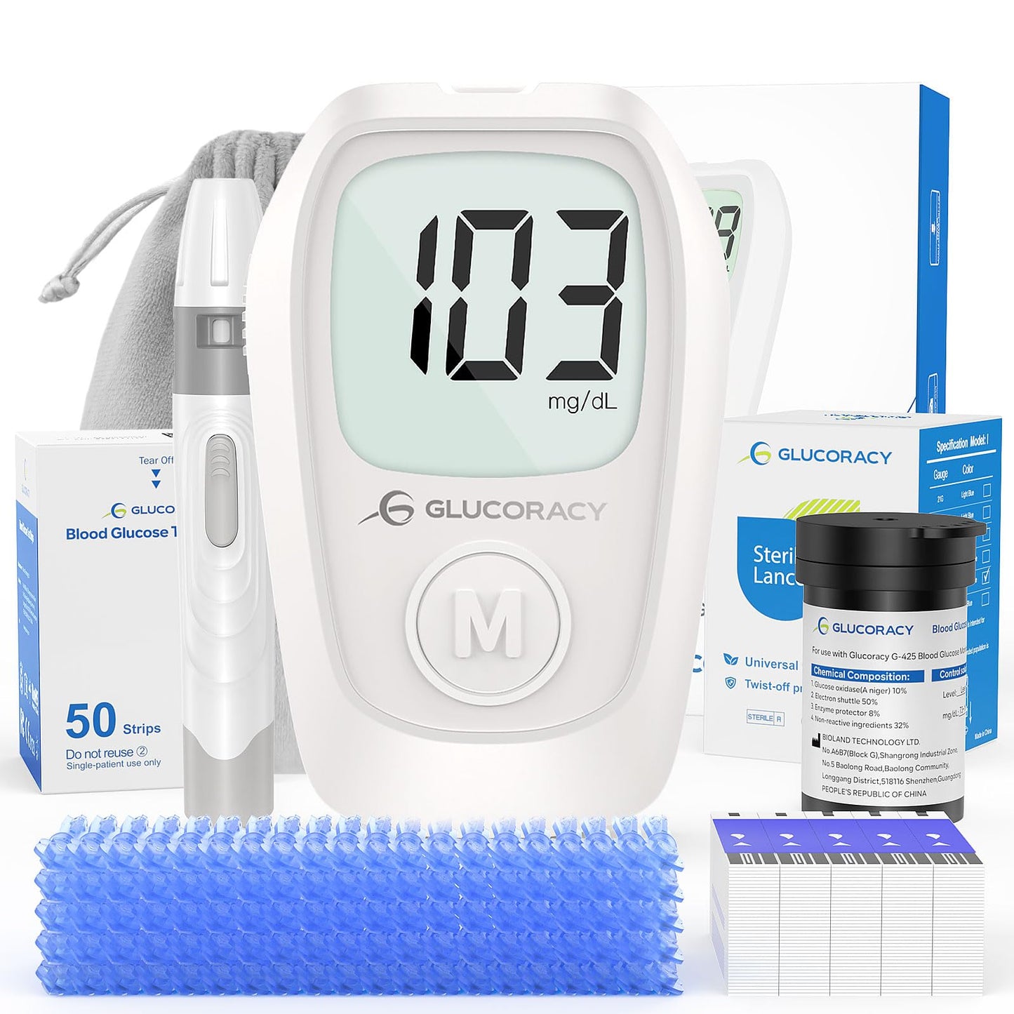 Glucoracy G-425 Glucose Monitor Kit, Blood Sugar Monitor with Glucose Meter, Lancing Device, 50 Test Strips and 50 Lancets, Blood sugar testing kit for Home Use, Diabetes Home Testing Kit