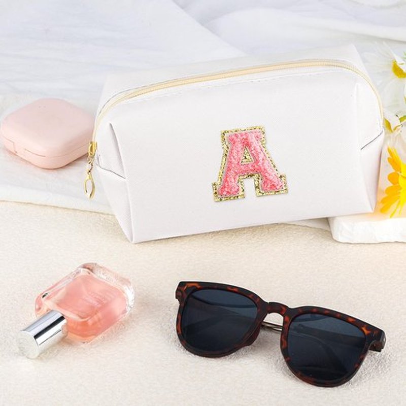 URSKYTOUS Initial Makeup Bag Personalized Preppy Travel Small Cosmetic Bag Cute PU White Chenille Letter Makeup Pouch for Purse Waterproof Zippered Toiletry Organizer for Women Girls Kids Friends (A)