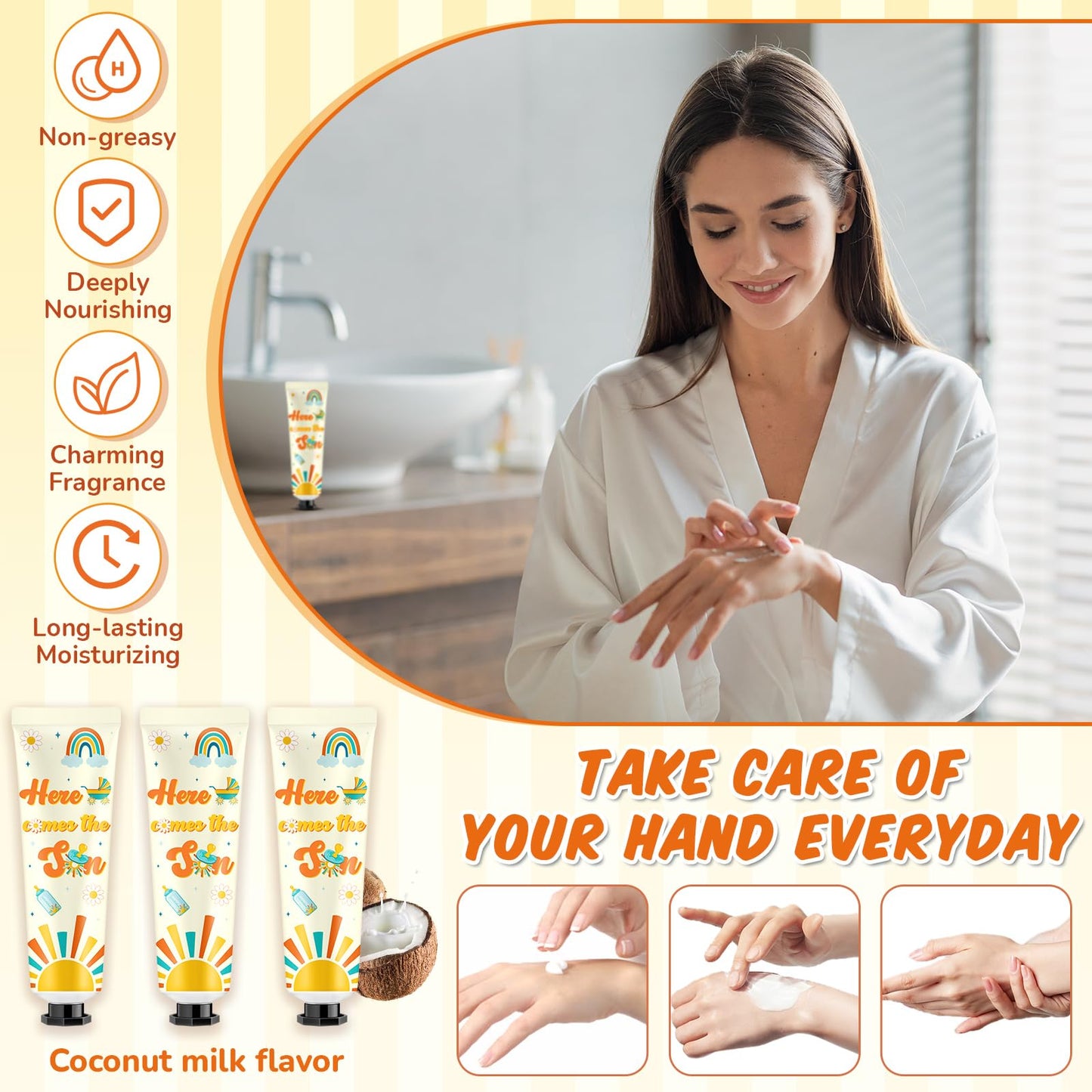 Swiffen 24 Sets Here Comes The Son Baby Shower Hand Cream Bulk Sunshine Baby Shower Favors Hand Cream for Guests Travel Size Lotion with Organza Bags