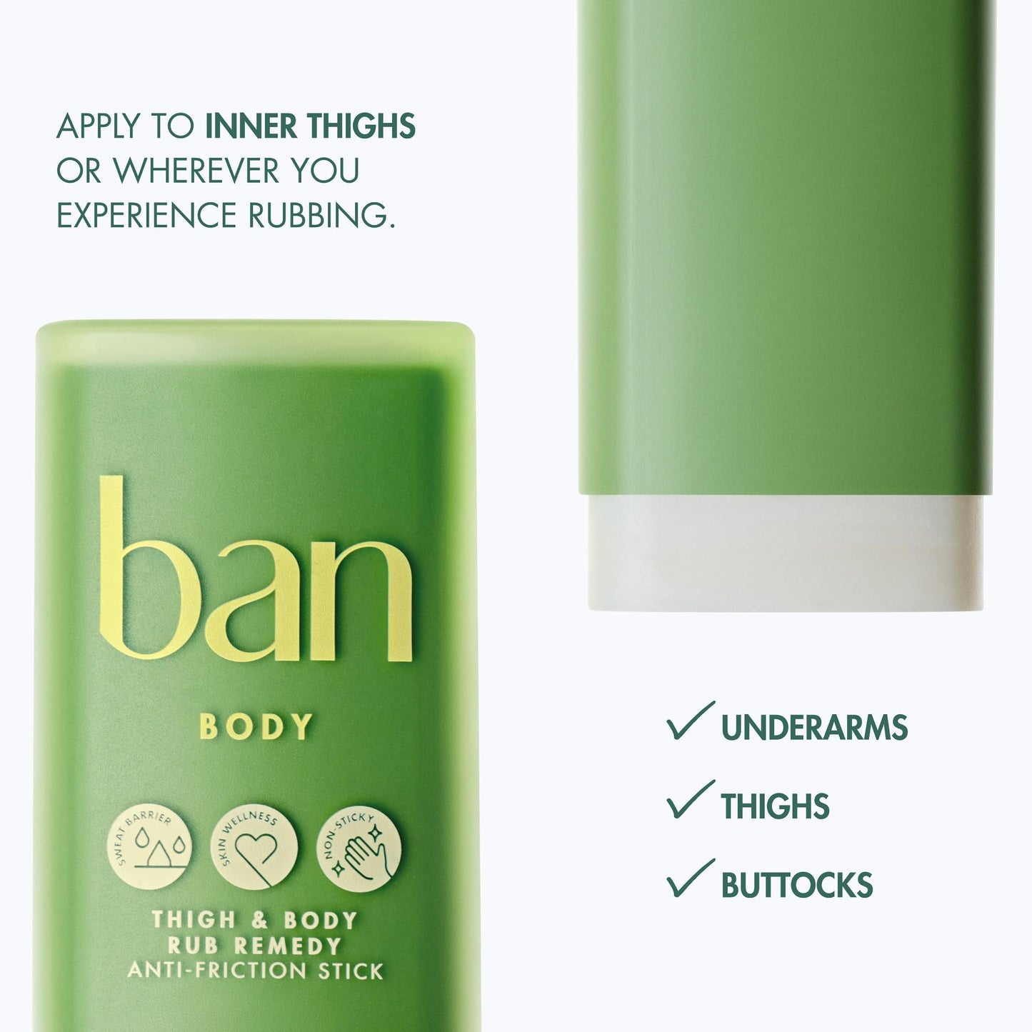 Ban Thigh & Body Anti-Friction Balm, Prevents Chafing & Skin Irritation, Anti Chafe Balm for Women & Men, Aluminum, Baking Soda & Talc Free, Unscented, 1.4 Oz