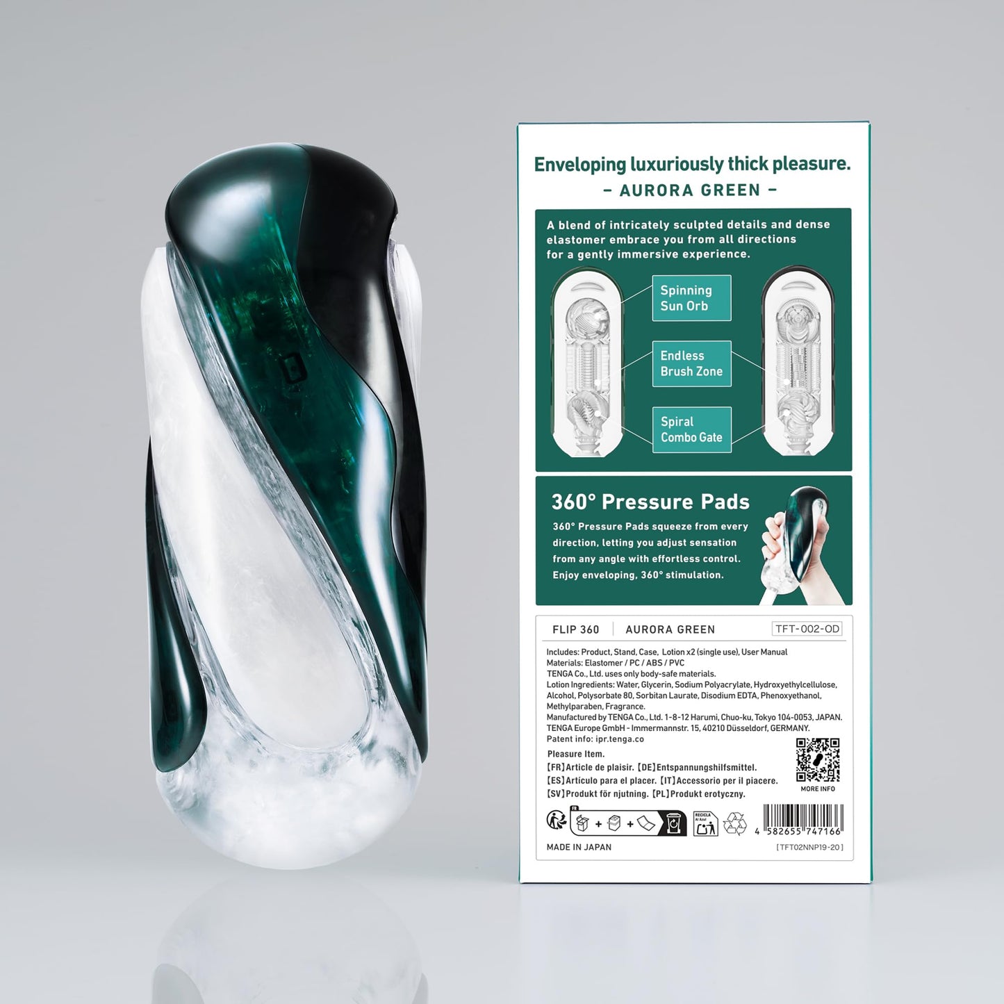 TENGA FLIP 360 Aurora Green – Luxuriously Soft Male Masturbator Sleeve, Enveloping 360° Stroker Adult Sex Toy for Men