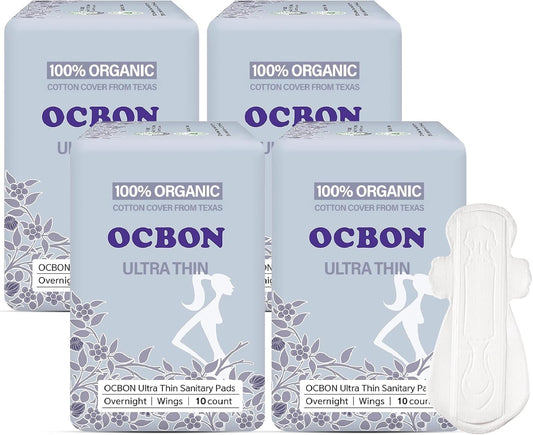 Ultra Thin Organic Cotton Sanitary Pads - Unscented Overnight Protection | 40 Count, Super Absorbent & Soft