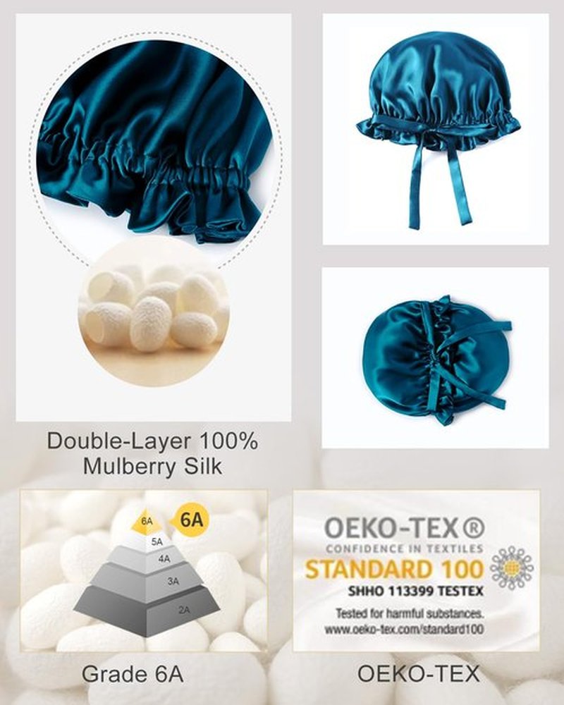 ZIMASILK 100% Mulberry Silk Bonnet for Women Hair Care, Double-Layer Silk, Natural Silk Hair Wrap for Sleeping with Elastic Stay On Head (1Pc, BPeacock Blue)