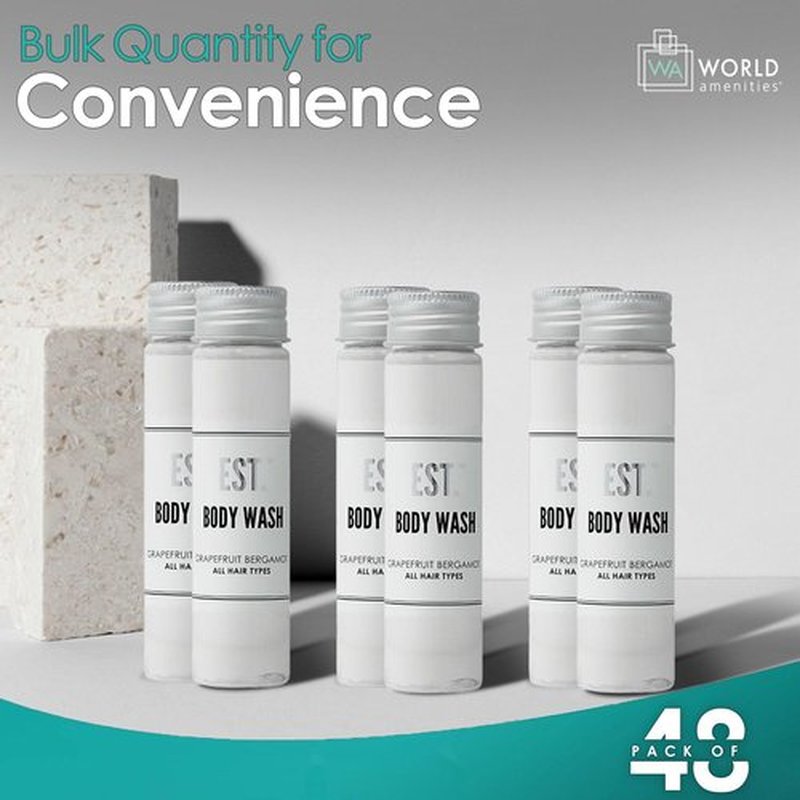 World Amenities EST. Body Wash with Grapefruit-Bergamot fragrance, Biodegradable/Recyclable Bottle with Screw Top, 1.41oz / 40ml, Pack of 48