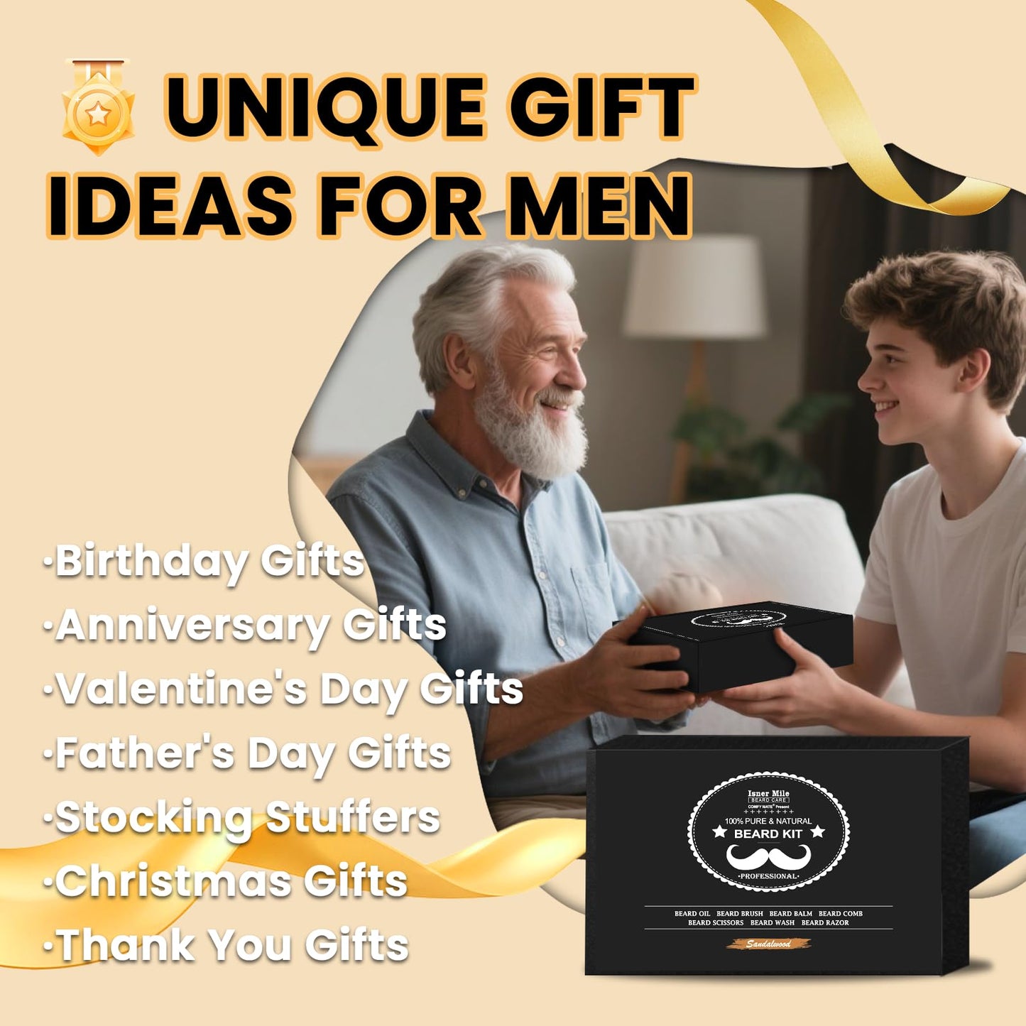 Isner Mile Dad Gifts Fathers Day Husband: from Wife Daughter, Beard Grooming Kit for Men with Beard Oil Balm Wash Brush Comb & Straight Razor, Stocking Stuffers Birthday Gifts for Men Him Boyfriend