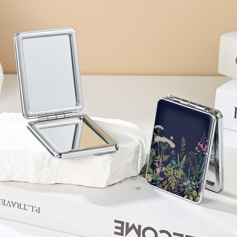 dcdcee Pocket Mirror, Small Travel Mirror with Magnification, Portable Double-Sided Magnifying Cosmetic Mirror for Daily (Black Flowers)