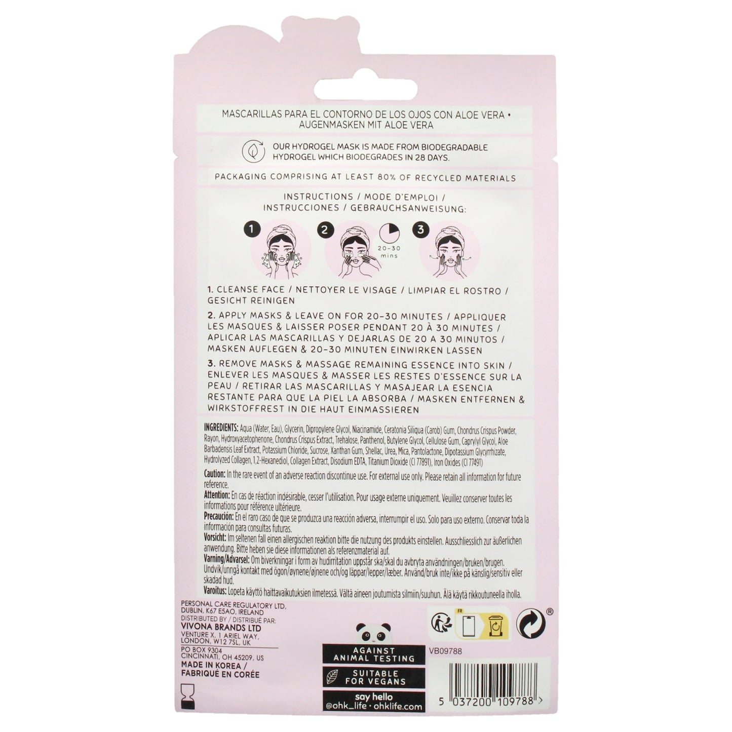Oh K! Eye Mask - Aloe Vera - Hydrating Under Eye Patches - Gel Patches with Niacinamide - Collagen Mask for Pore Reduction and Dark Circles - 1 Pair