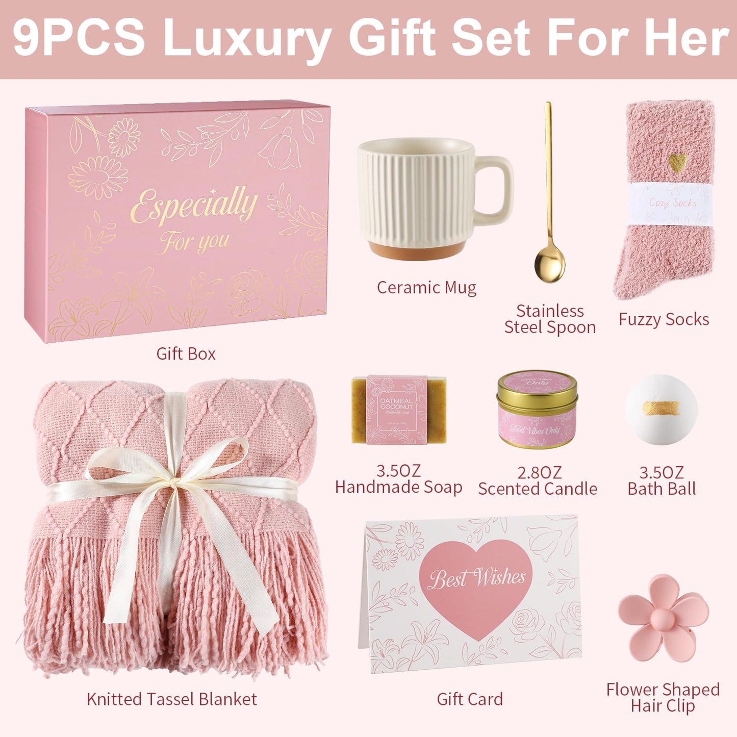 ENJOLLY Get Well Soon Gifts Baskets for Women Self Care Gifts,Birthday Gifts for Women Spa Care Package, Set for Mom Wife Girlfriend Sister Best Friend (Pink)