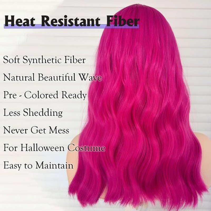 curldiva Hot Pink Wig with Bangs 16 Inch Natural Wave Synthetic Hair Wigs for Women Daily Wearing Shoulder Length Colorful Cosplay Fuchsia Hair Color Halloween Wig