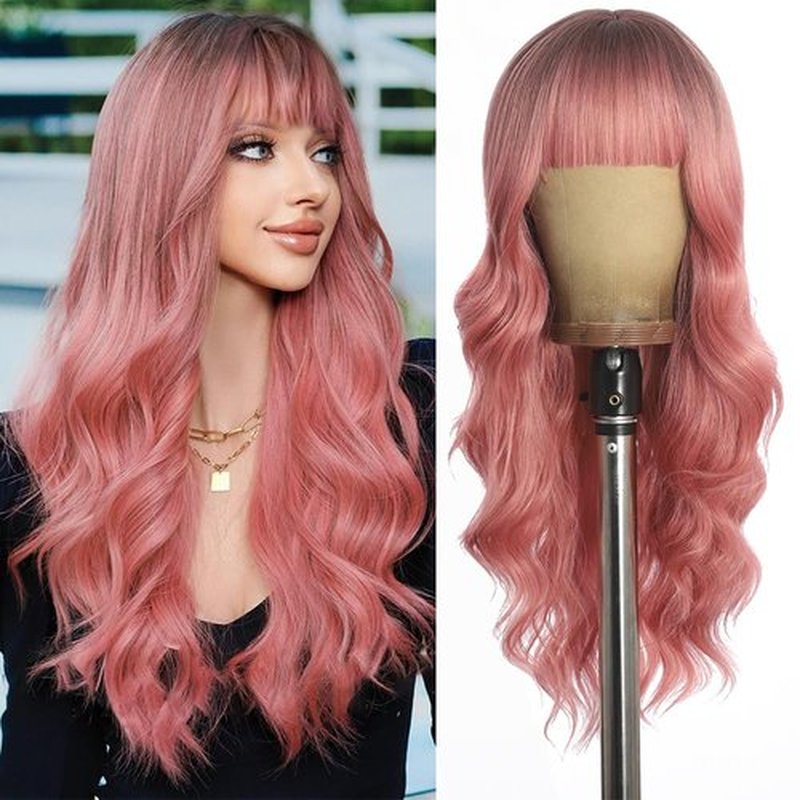 UNNYMGER Pink Wig with Bangs Long curly wavy Wig for Women Powder wig with Natural Black root wig skin-friendly synthetic fibersc for festival holiday Use 26IN
