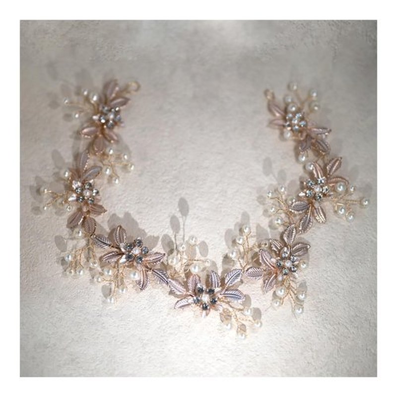 LEMOXIVI Wedding Headpiece for Bride Flower-Leaf Bridal Headband Pearl Hair Accessories for Flower Girl Bridesmaid, Gold