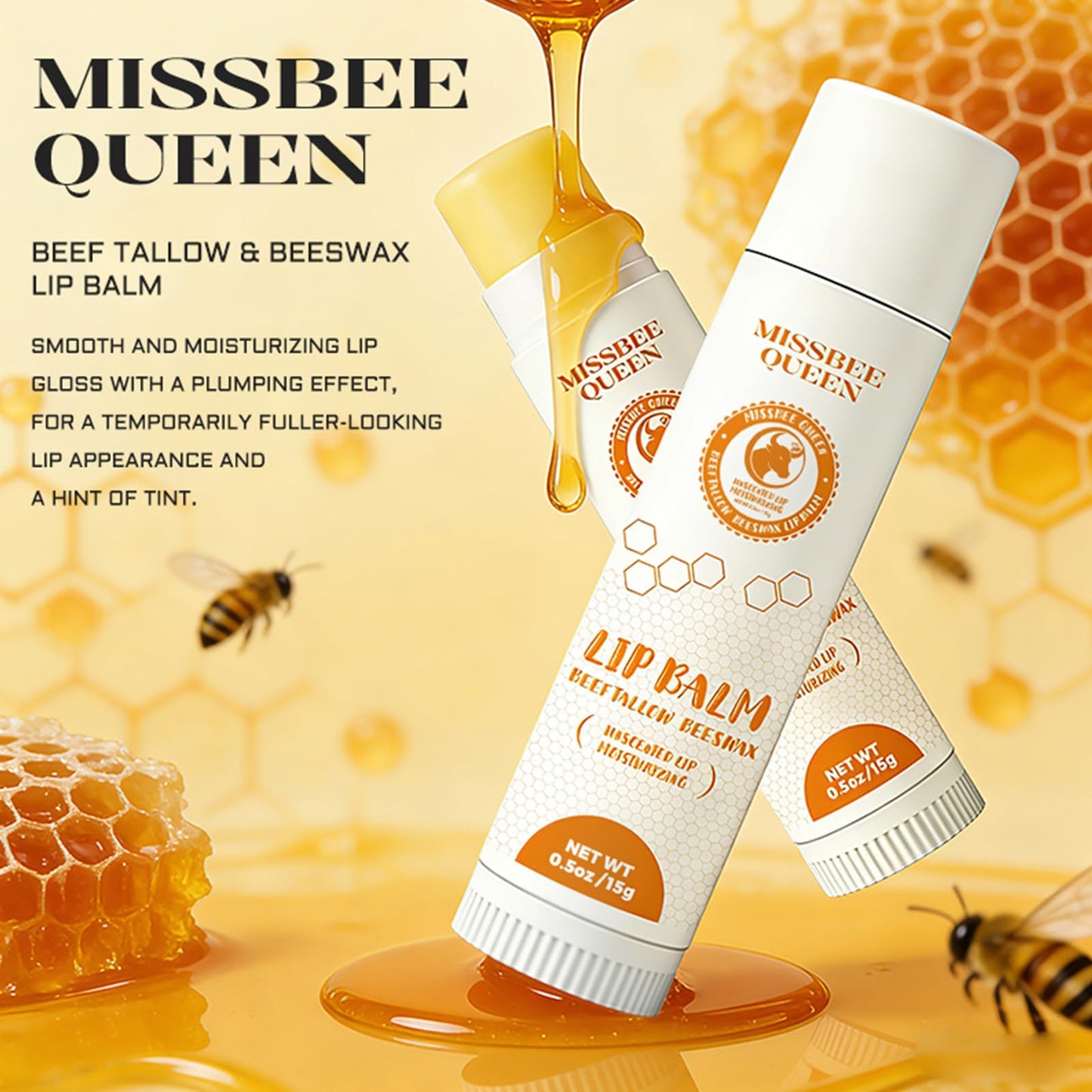 Beef Tallow Lip Balm with Original Beeswax | Dual-layer Hydrating Moisturizing for Dry Lips | Smooths Texture | Delivers Softness & Enhances Natural Shine | Unscented | 2PC (0.5 oz / 15g / 1pc)