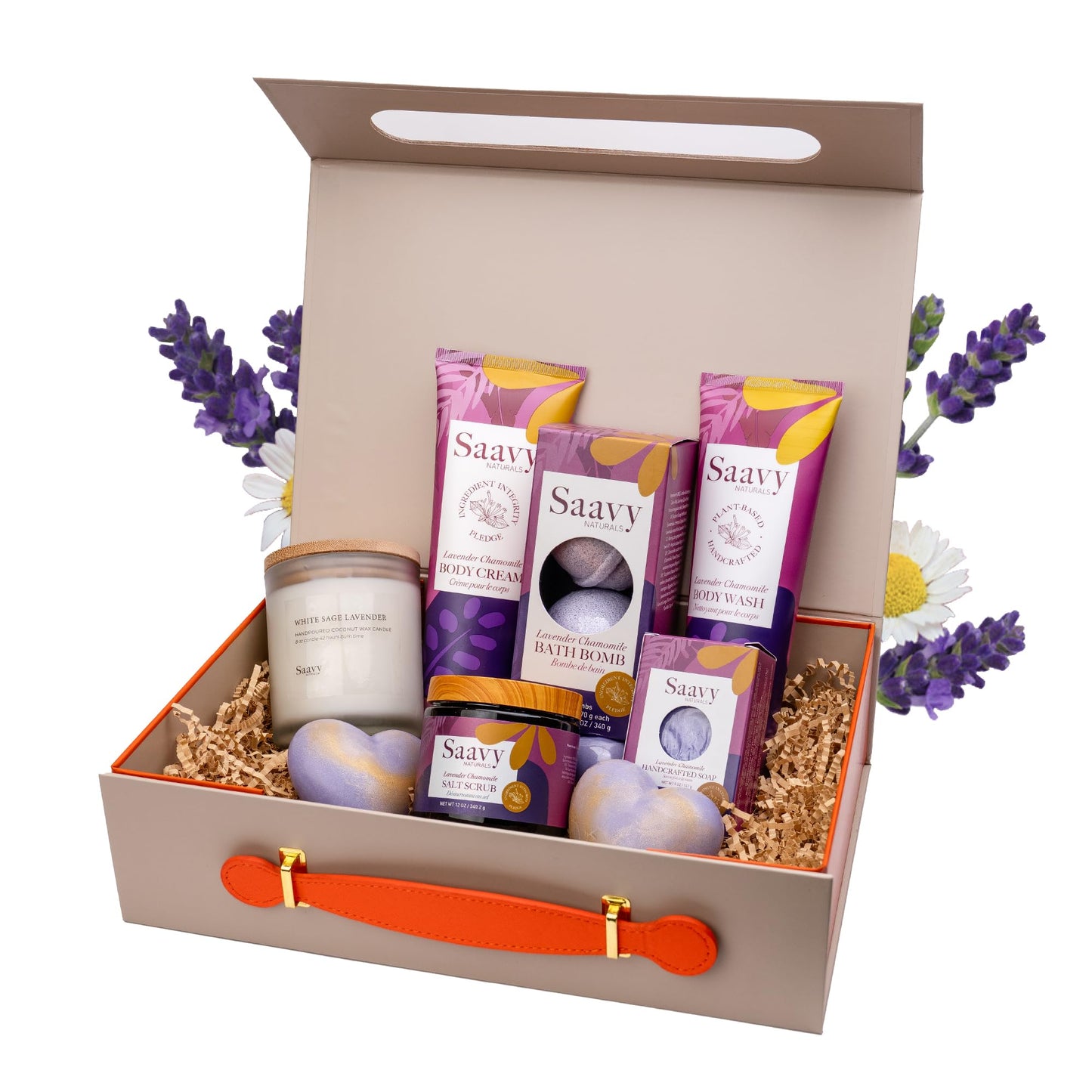 Saavy Naturals Spa Gift Basket, Relaxing Tahitian Vanilla Scented Gift Basket with Body Wash, Sugar Scrub, and More, Spa Self Care Gift Baskets for Women