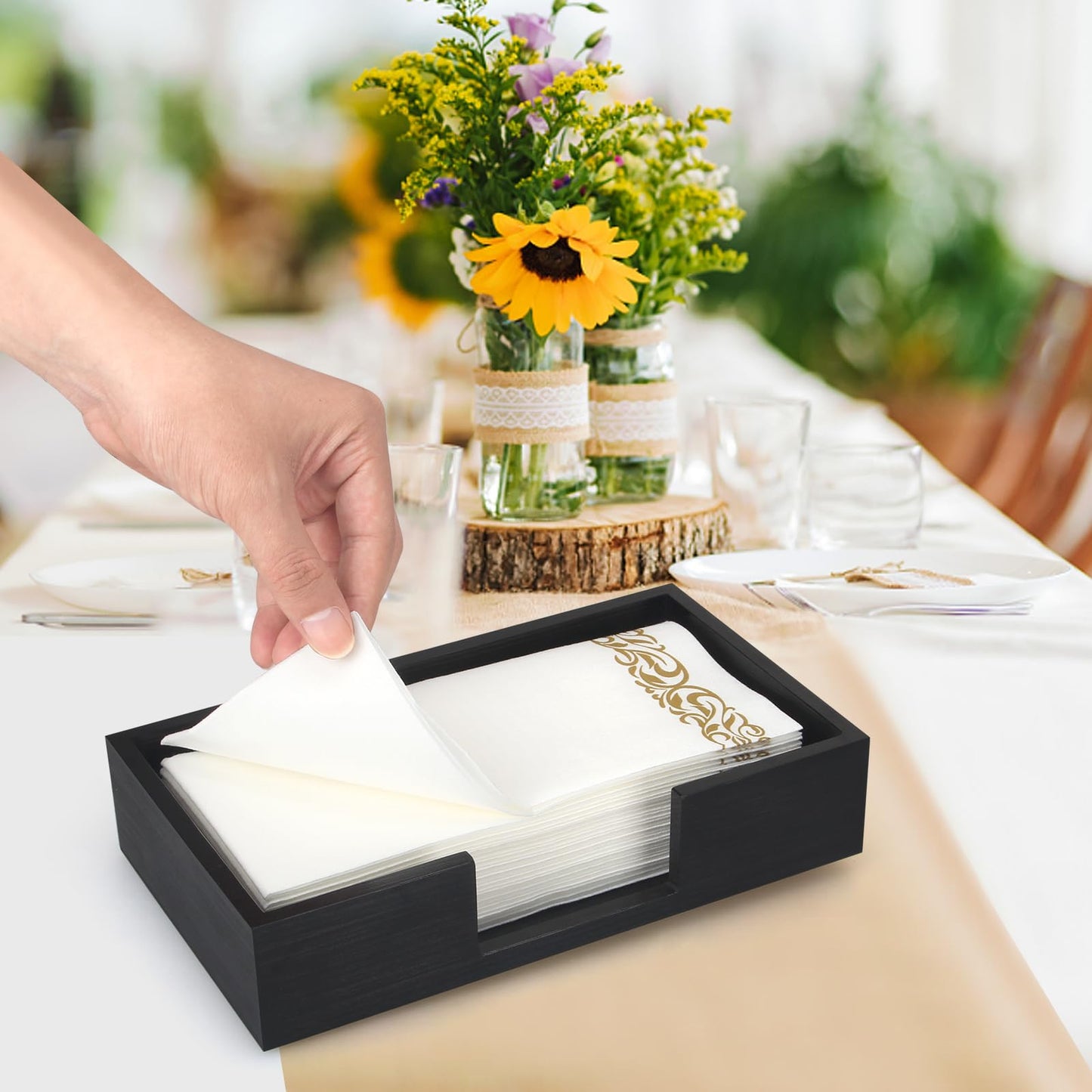 Black Wooden Napkin Holder Guest Towels Holder Flat Bathroom Napkins Holder Disposable Hand Towel Tray Cocktail Napkin Holder for Table Kitchen Counter Modern Paper Towel Holder Basket Accessories