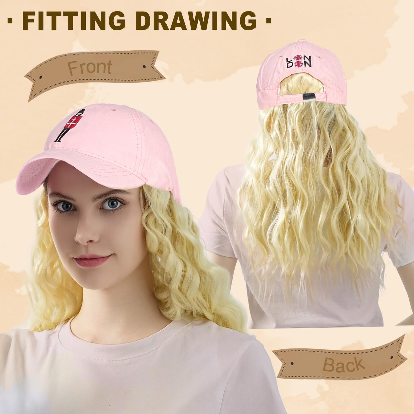 SUNBORRY Hat Wig for Women Baseball Cap with Hair hat with hair attached for women Extensions Adjustable Hat Attached 39" Long Wavy Hairpieces Synthetic Wig