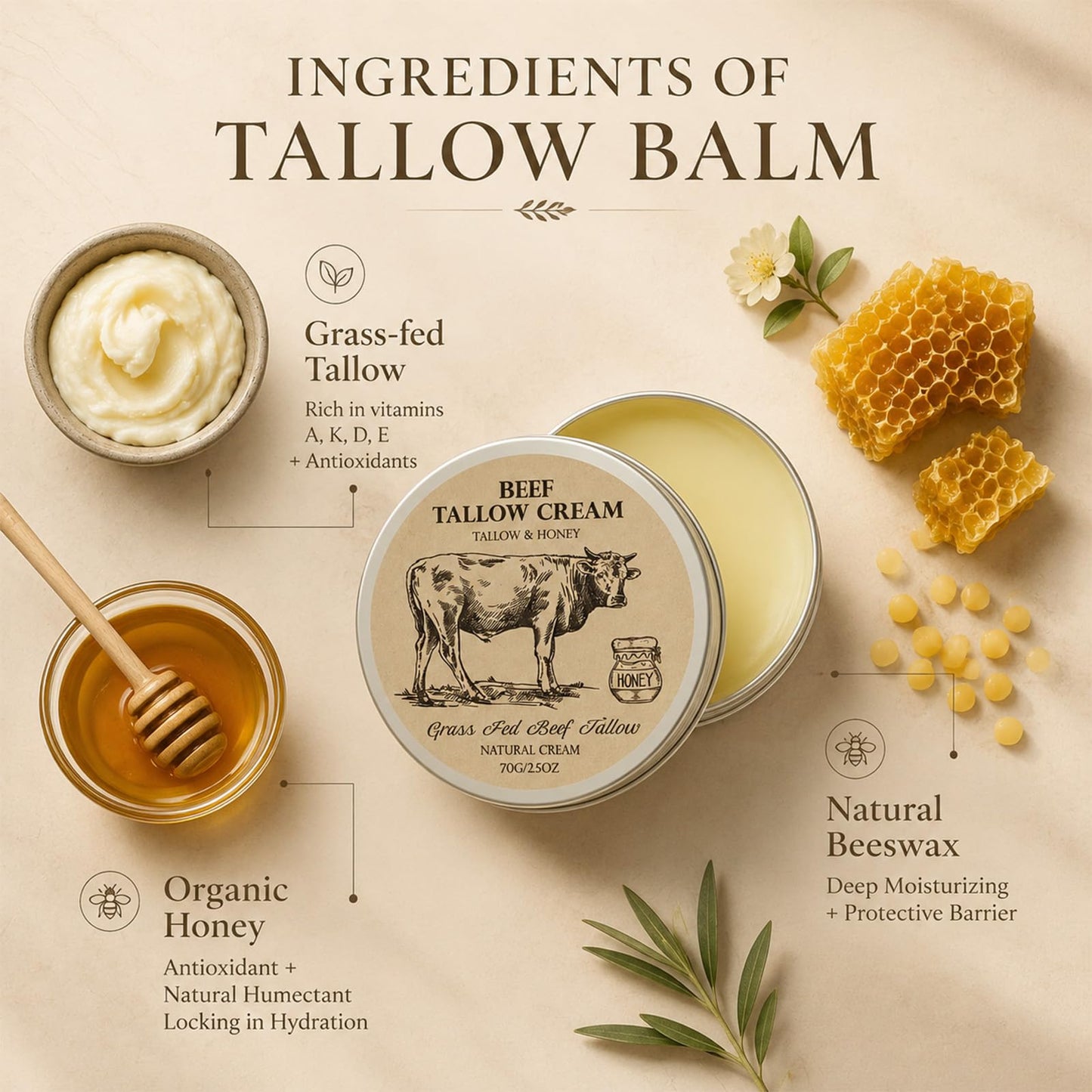 MROUVIK Beef Tallow for Skin, Tallow and Honey Cream,Tallow Face Moisturizer, Natural Grass-Fed Beef Tallow Balm with Raw Honey Moisturizing Cream for Body Lotion Skin Care for Skin (2.47 Oz)