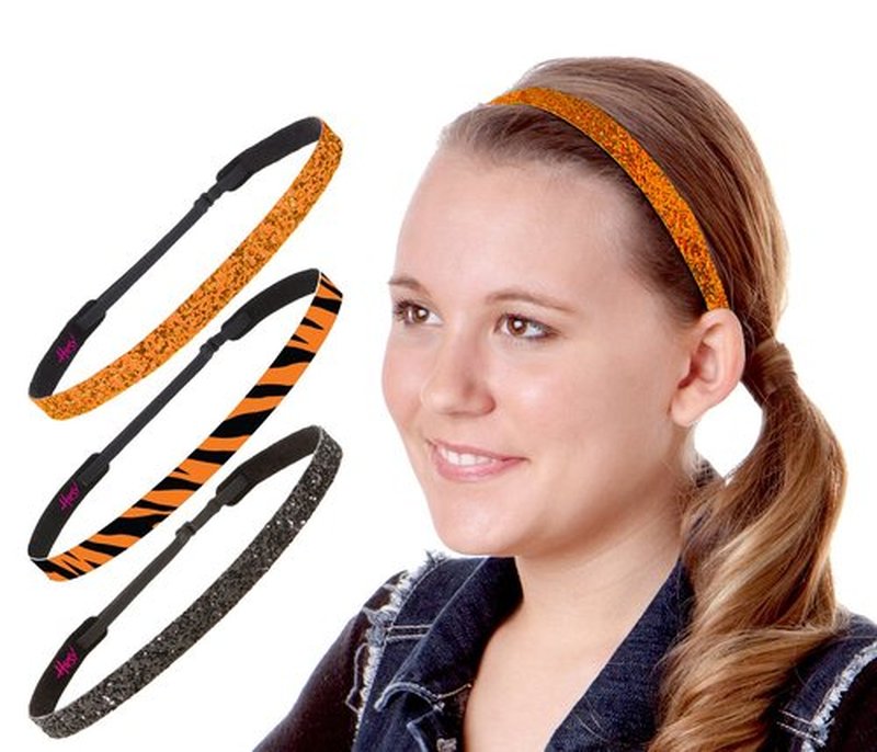 Hipsy Women's Adjustable No Slip Bling Glitter & Bengal Tiger Fashion Headband 3-pack (Skinny Black/Tiger/Orange 3pk)