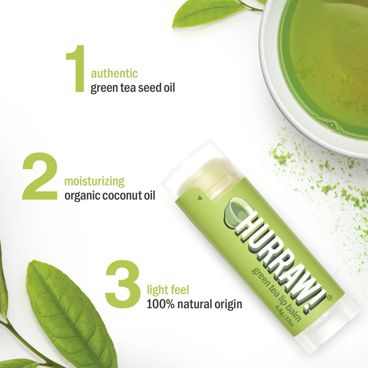 Hurraw! Green Tea Lip Balm, 2 Pack: Organic, Certified Vegan, Cruelty and Gluten Free. Non-GMO, 100% Natural Ingredients. Bee, Shea, Soy and Palm Free. Made in USA