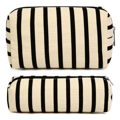 SOIDRAM Makeup Bag Corduroy Cosmetic Bag White Stripe Makeup Pouch 1Pcs Large Capacity Makeup Bags and 1Pcs Makeup Brushes Storage Bag Travel Toiletry Bag Organizer