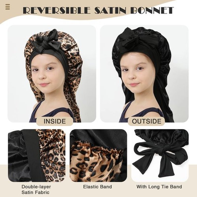 Kids Long Hair Bonnet for Sleeping - Double Layer Girls Elastic Satin Bonnet with Tie Band for Braid Curly Hair (Leopard+Black)