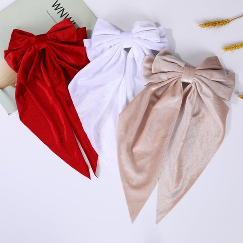 Oversized Velvet Hair Bows for Women Girls,Long Tail Handmade Bowknot Barrettes Velvet Bows Hair Accessories (White & Black)
