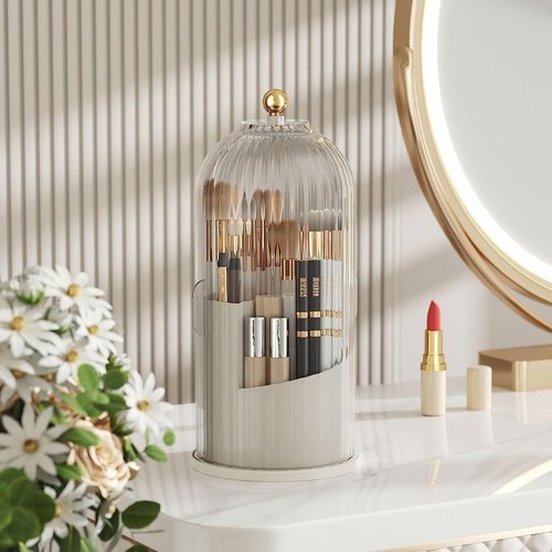 Zufudo Makeup Brush Holder Organizer with Lid 360° Rotating Makeup Organizer Countertop Dustproof Cosmetics Organizer for Vanity Bathroom, Transparent