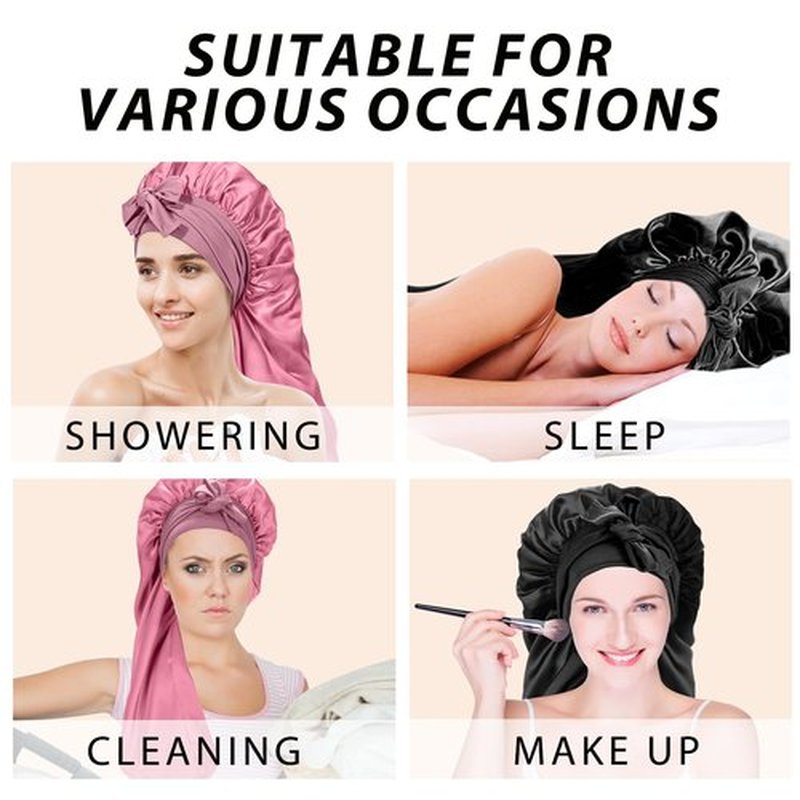 2Pcs Bonnets for Black Women Braid Bonnet, Large Long Satin Bonnet for Braids, Silk Bonnet with Stretchy Tie Band Sleep Cap Hair (2Pcs-Black&Rose Pink)