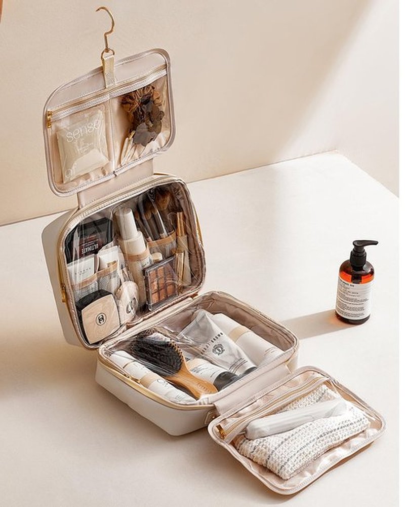 EACHY Toiletry Bag with Hanging Hook, Travel Makeup Bag PU Leather Cosmetic Bags for Women Make Up Organizer with 4 Compartments Waterproof Full-Size Portable Travel Essentials (Plait-White)
