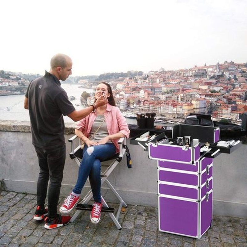 OUDMAY Makeup Case 4 in 1 Professional Cosmetics Rolling Train Organizer with Aluminum Frame and Folding Trays Purple