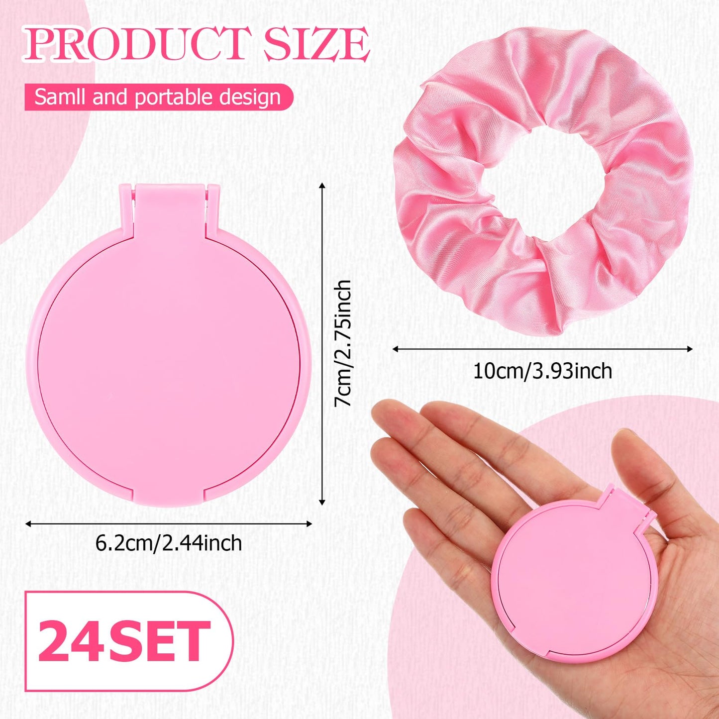 Norme 48 Pcs Mini Pink Compact Folding Mirror and Scrunchies Set for Women 24 Small Travel Round Pocket Makeup Mirror 24 Satin Hair Scrunchie for Graduation Party Favor Coworker Nurse Gift(Pink)