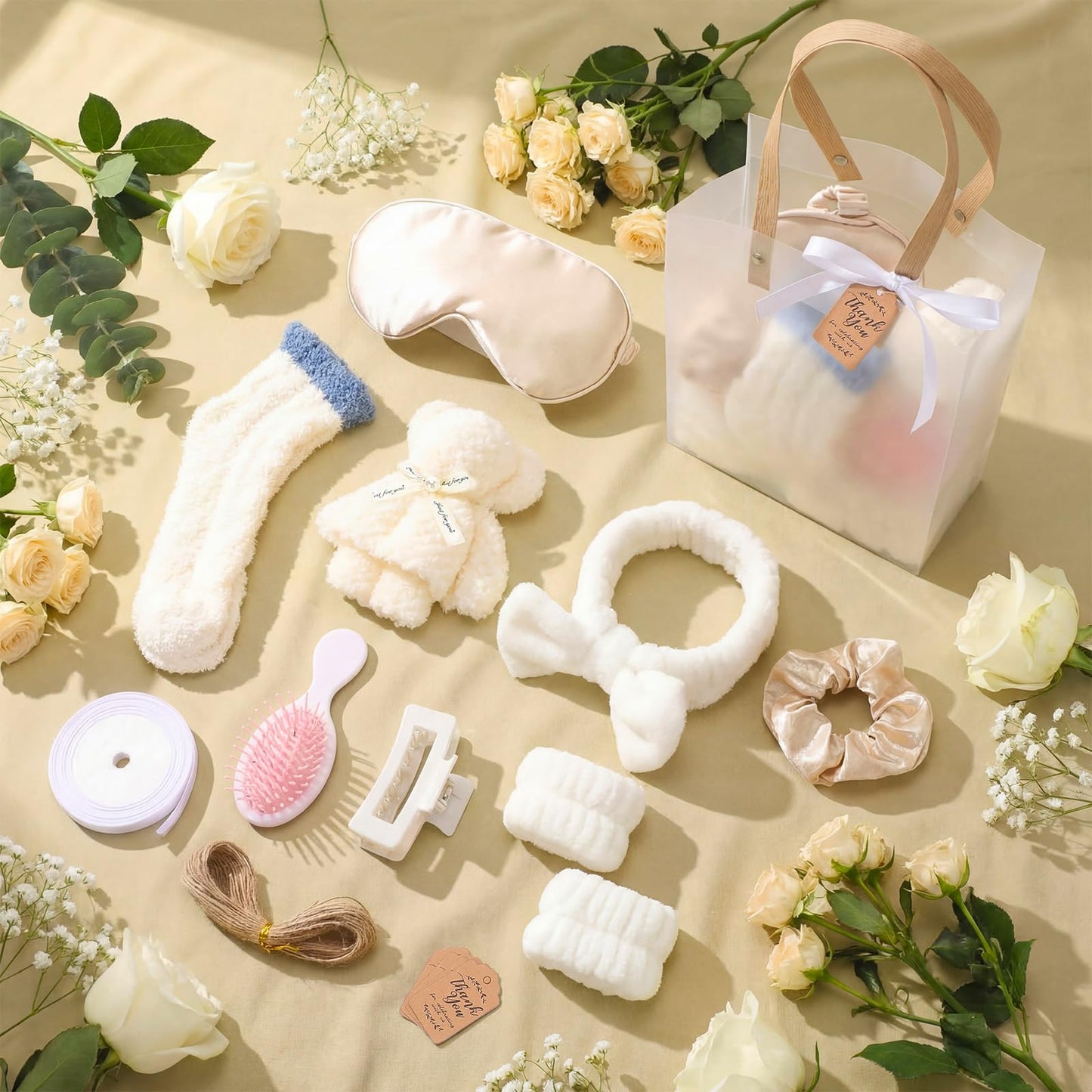 Rivvlive 6 Set Spa Gifts Bulk for Women, Sleepover Party Favors Supplies for Bridesmaid Bridal Shower Wedding Guests Baby Shower Birthday Gift with Towels Socks Hair Tie Clip Eye Masks(White)