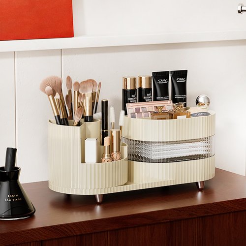 Rotating Makeup Organizer for Vanity with Brush Holder and Drawer, 3 Layer Cosmetic Makeup Storage, Large Makeup Skincare Organizer, Countertop Makeup Perfume Organizer, Lotions Display Case (Ivory)