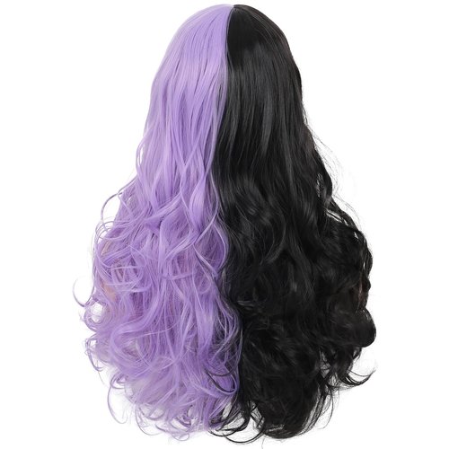 Baruisi Half Black Half Purple Wig Long Curly Wavy Black Purple Synthetic Heat Resistant Costume Cosplay Bangs Wig for Women