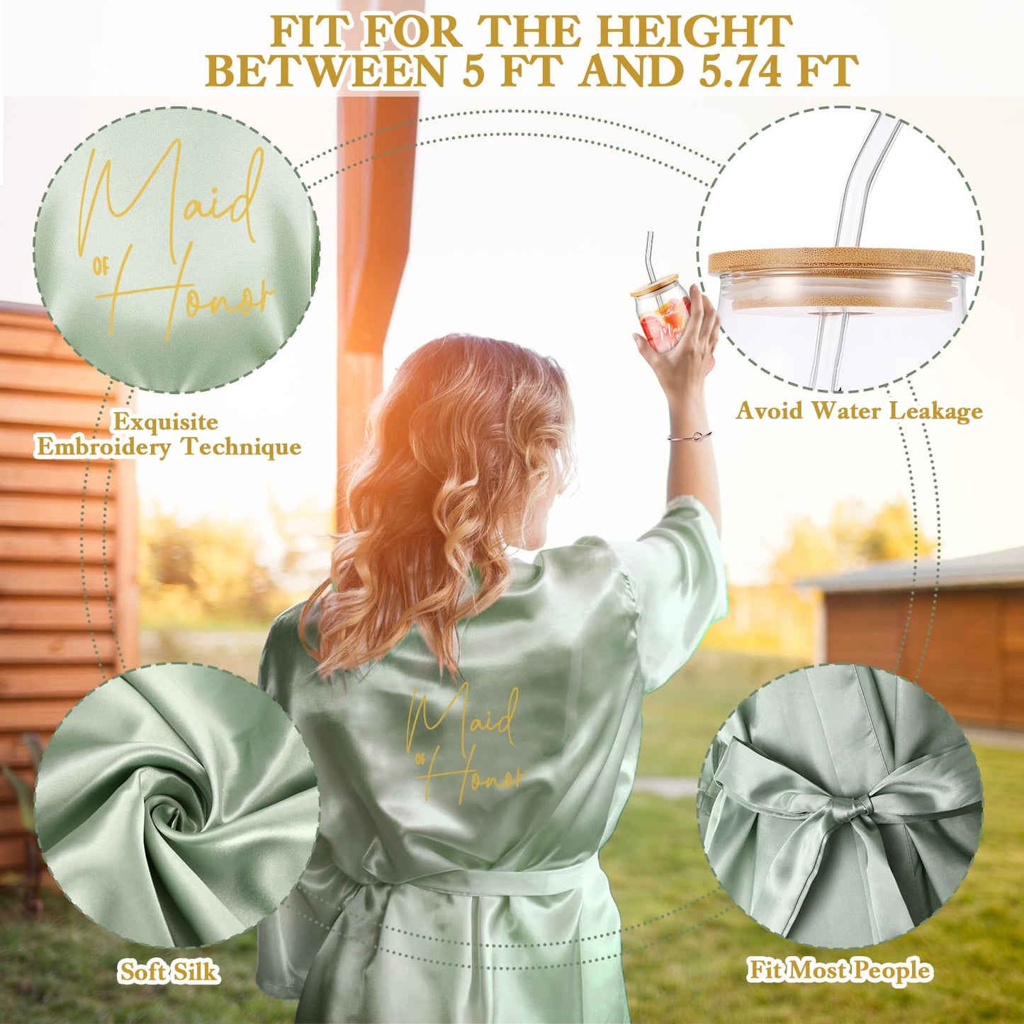 Irenare 8 Pcs Proposal Gifts Set Robes Makeup Bag Cup Cards Hair Tie Bracelet Diamond Pen Bridesmaid Gift Box (Light Green,Maid of Honor)